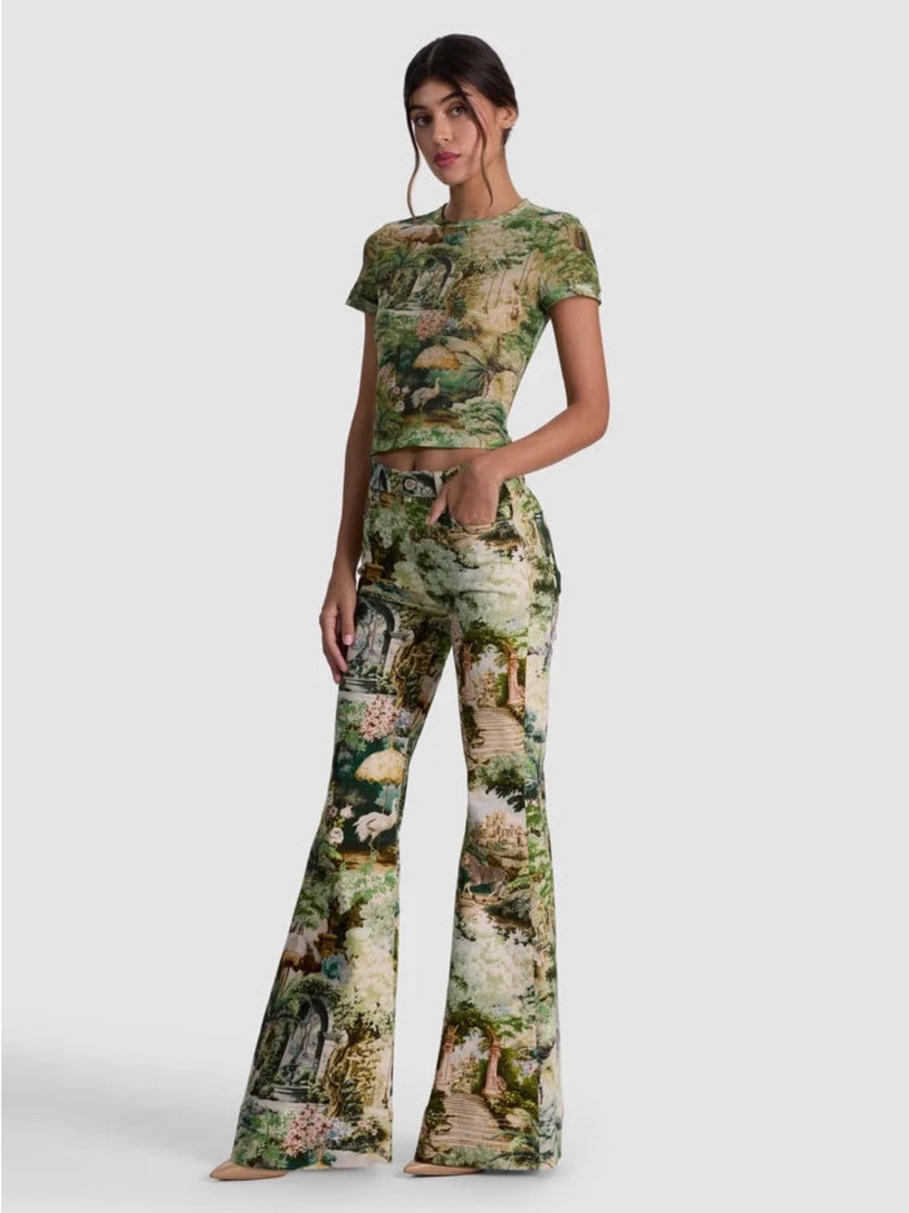 NWOT Alice + Olivia Beautiful Printed High-Rise Bell Bottom Jeans in Green